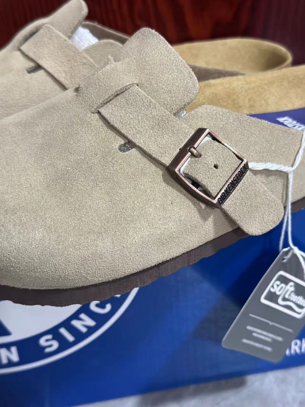 Birkenstock Beige Suede Boston Clog with Buckle - Picture 3 of 5